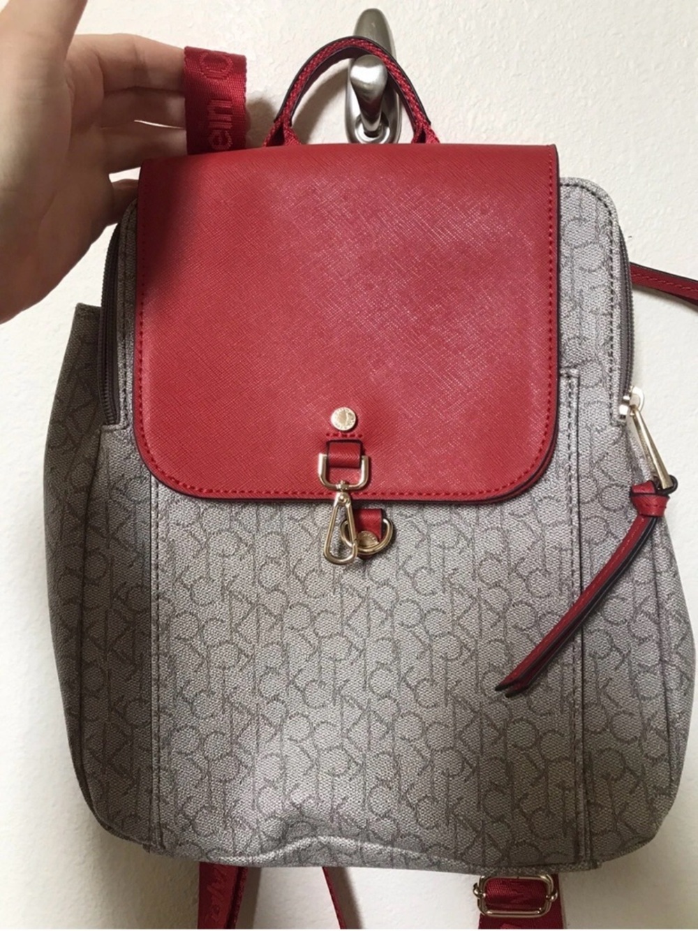 Calvin Klein Gray Monogram Backpack with Red Flap